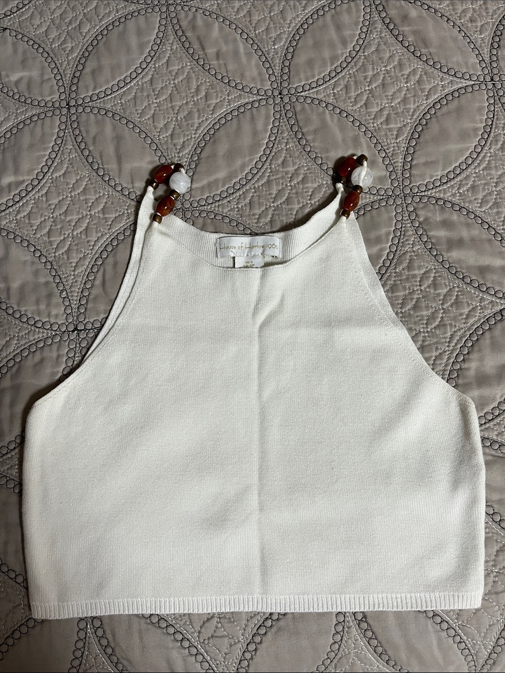 House of Harlow 1960 White Cropped Tank Top with Beaded Straps
